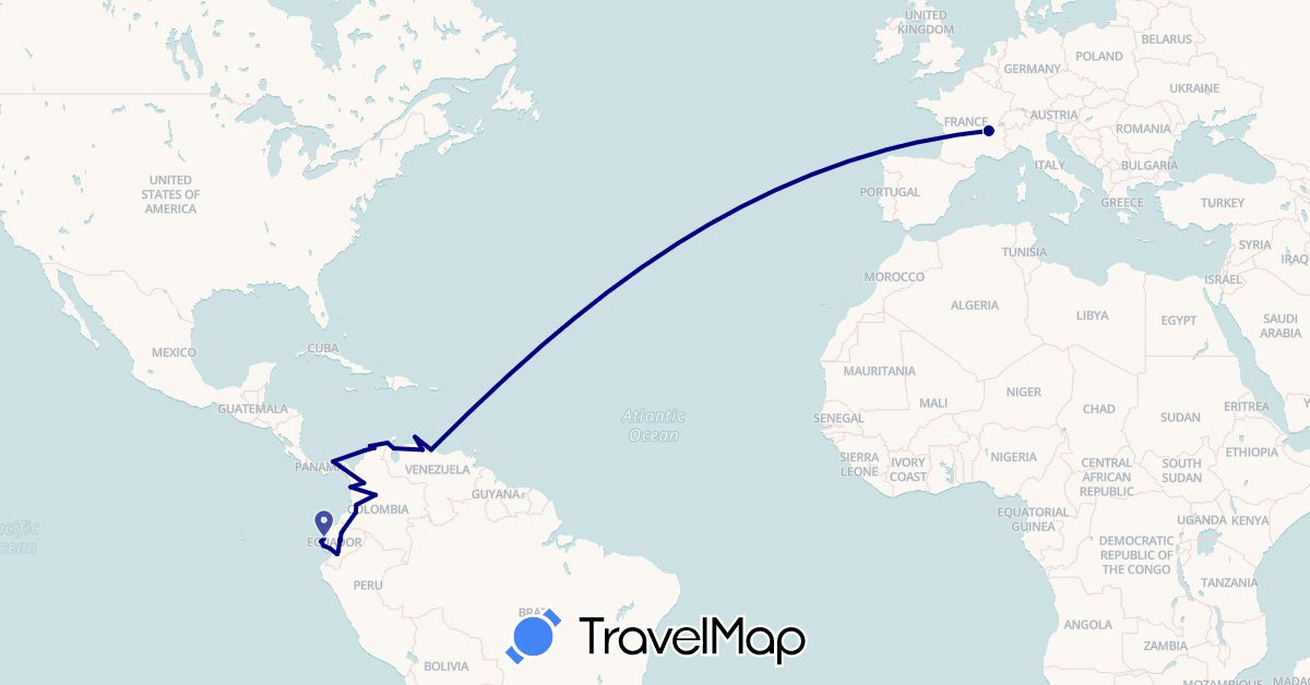 TravelMap itinerary: driving in Colombia, Curaçao, Ecuador, France, Panama, Venezuela (Europe, North America, South America)